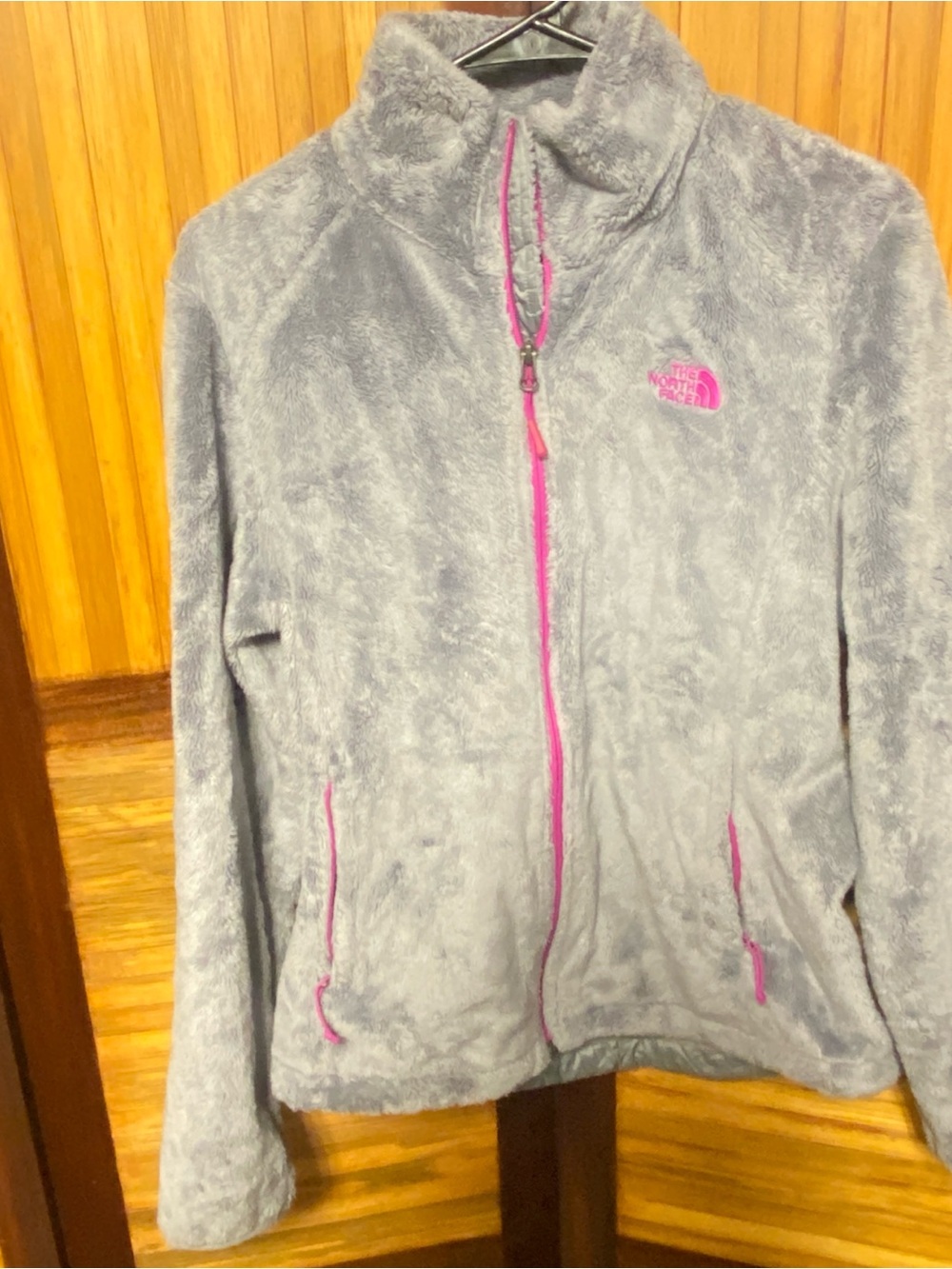 The North Face Light Gray Fuzzy Jacket with Bright Pink Trim